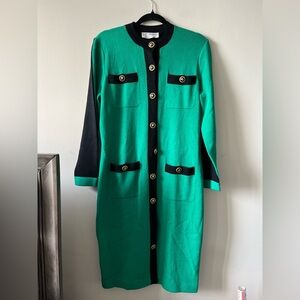 St. John Collection VTG Knit Button-Down Green and Black Midi Dress